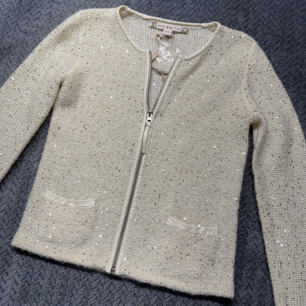Chelsea & Violet XS Sequin Knit Zip Cardigan‎ Ivory Wool Blend Sparkle Party